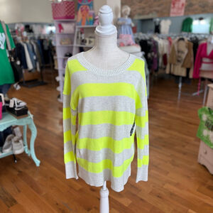Gap Neon Yellow & Beige Striped Crew Neck Sweater L